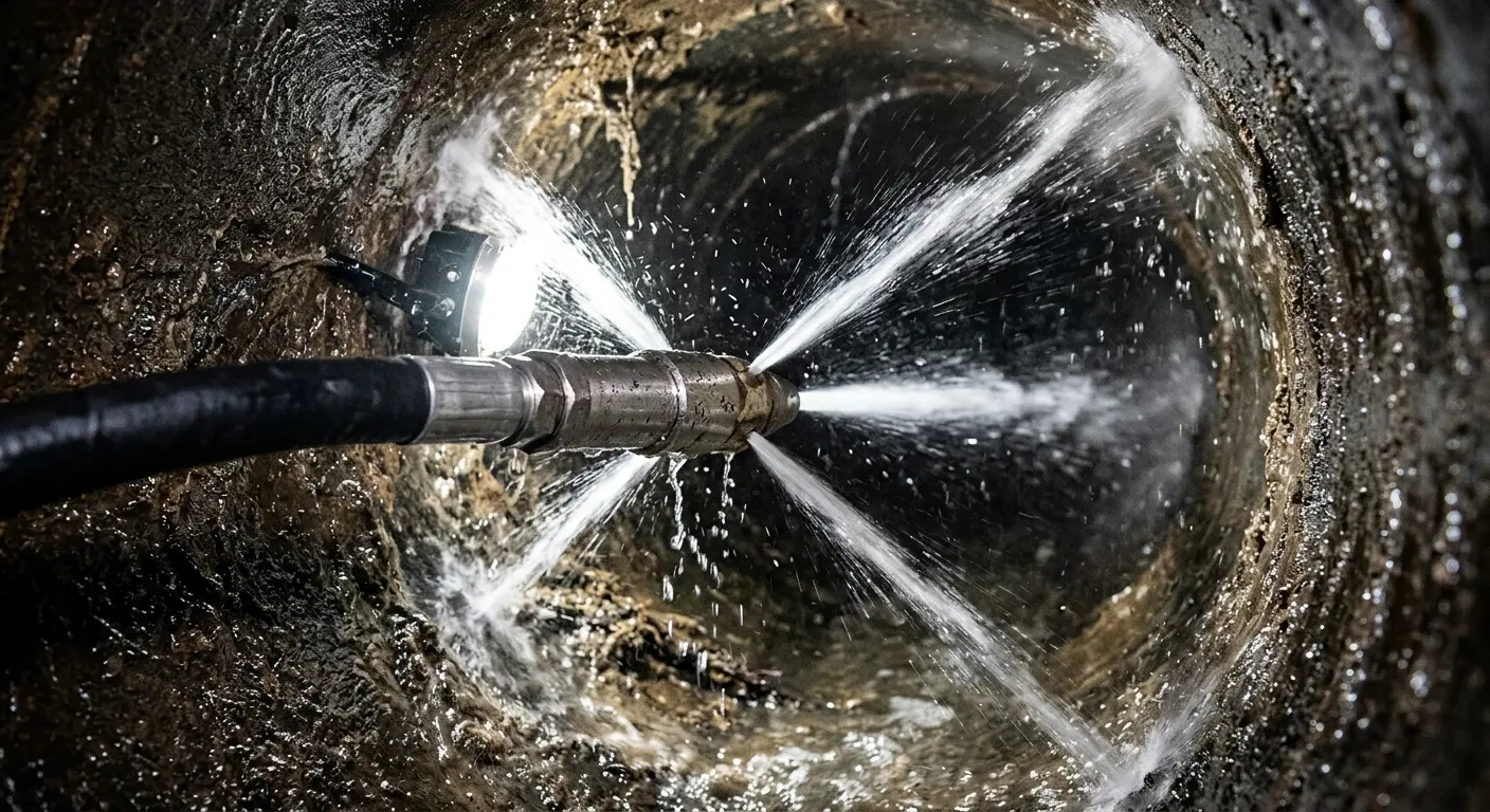 High-pressure hydro jetting nozzle cleaning sewer pipe for Sewer Cleanout in Parkland