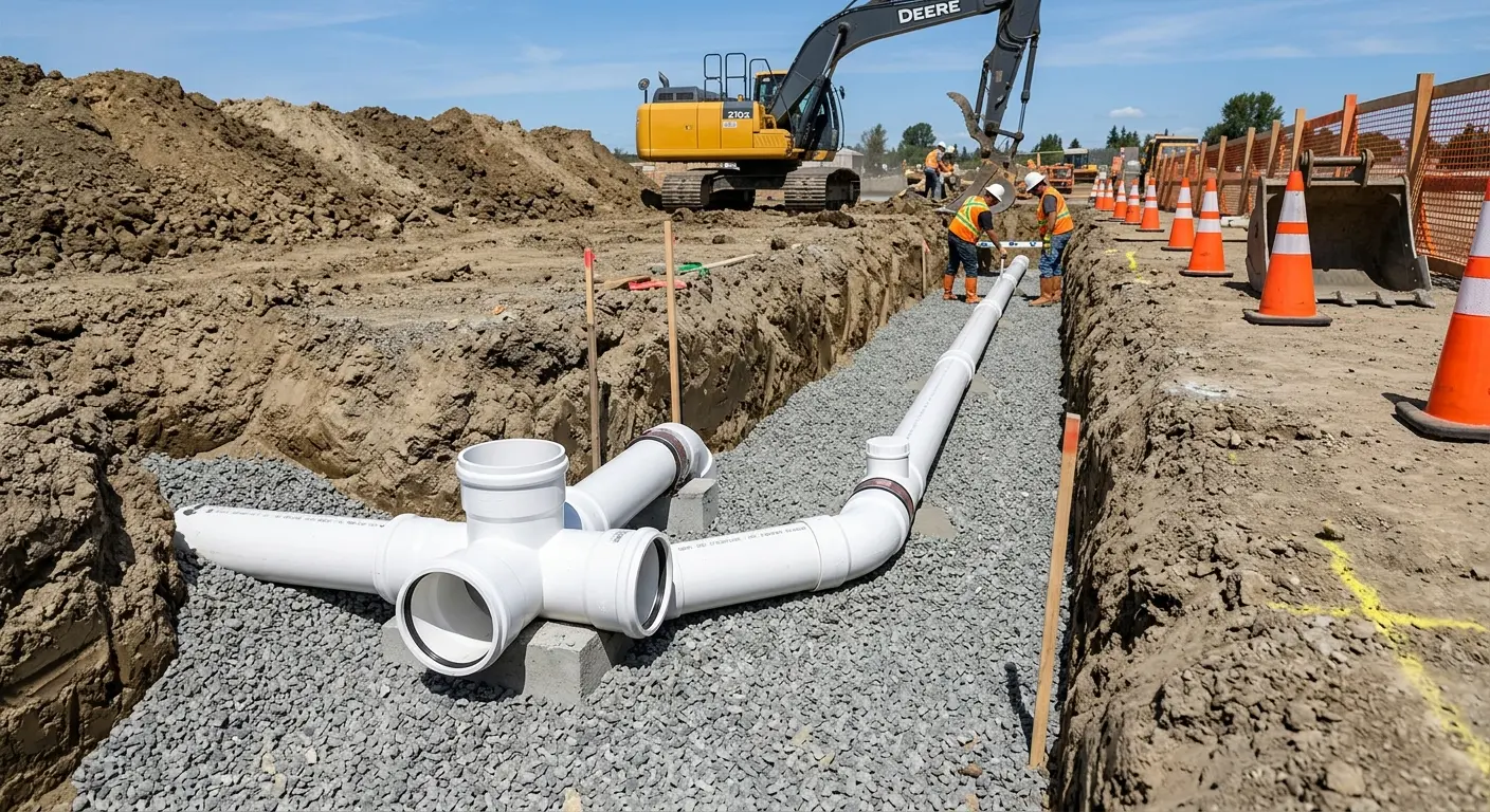 New PVC sewer pipe installation in open trench for Sewer Backup in Parkland
